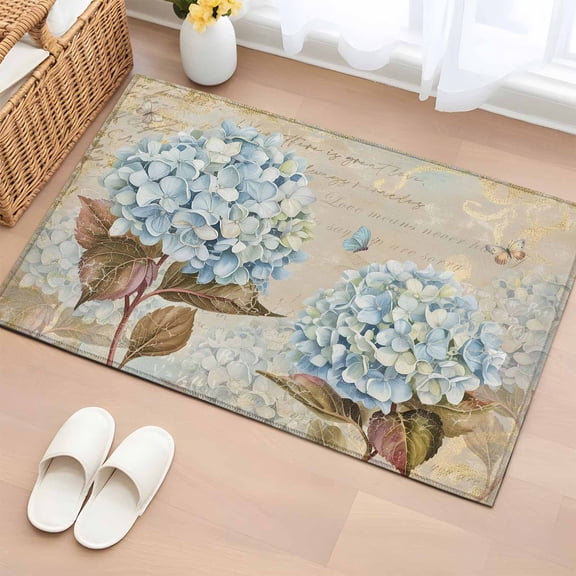 Entryway Rug 2'x3', Blue Hydrangea Small Rug for Kitchen Bathroom Door Mat Indoor Entrance, Flowers Leaves Butterfly Retro Khaki Non-Slip Area Rugs Floor Mats Carpet Front Door Rugs