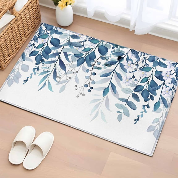 Entryway Rug 2'x3', Blue Leaves Small Rug for Kitchen Bathroom Door Mat Indoor Entrance, Summer Botanical Non-Slip Area Rugs Floor Mats Carpet Front Door Rugs
