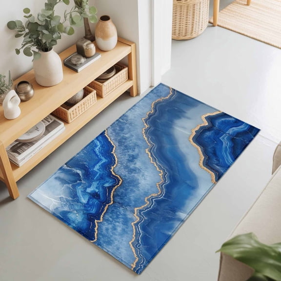 Entryway Rug 2'x3', Blue Marble Kitchen Runner Rugs Non-Slip Carpet Mats, Modern Luxury Granite Surface Motif Sketch Bedside Rugs Runners Washable Floor Carpet for Bathroom Laundry Room
