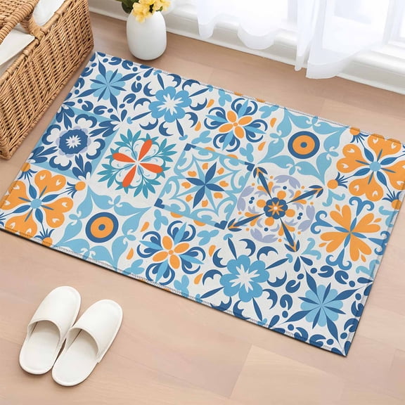 Entryway Rug 2'x3', Blue Mediterranean Small Rug for Kitchen Bathroom Door Mat Indoor Entrance, Vintage Moroccan Tiles Texture Non-Slip Area Rugs Floor Mats Carpet Front Door Rugs
