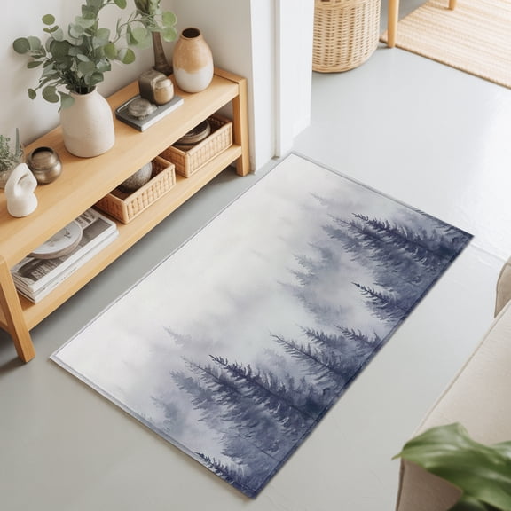 Entryway Rug 2'x3', Blue Mist Forest Kitchen Runner Rugs Non-Slip Carpet Mats, Pine Larch Trees Natural Landscape Bedside Rugs Runners Washable Floor Carpet for Bathroom Laundry Room