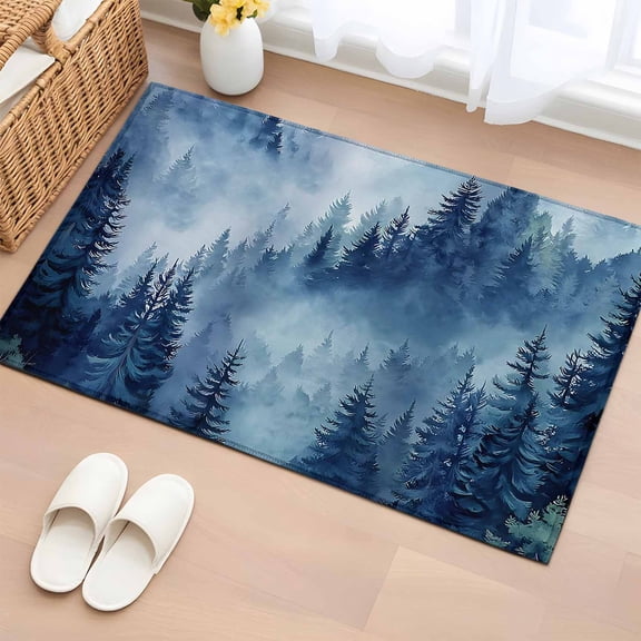 Entryway Rug 2'x3', Blue Mountain Small Rug for Kitchen Bathroom Door Mat Indoor Entrance, Misty Forest Nature Woodland Pine Tree Landscape Non-Slip Area Rugs Floor Mats Carpet Front Door Rugs