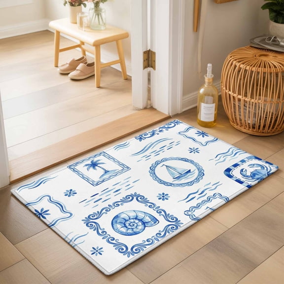 Entryway Rug 2'x3', Blue Nautical Ship Kitchen Runner Rugs Non-Slip Carpet Mats, Coastal Conch Crab Palm Trees Waves Bedside Rugs Runners Washable Floor Carpet for Bathroom Laundry Room