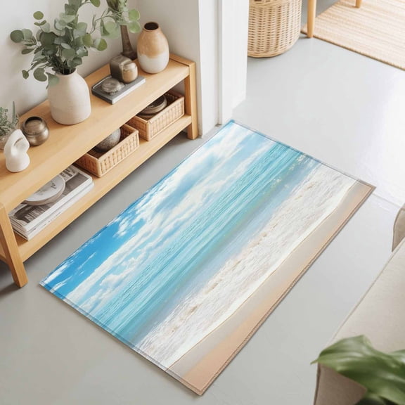 Entryway Rug 2'x3', Blue Ocean Kitchen Runner Rugs Non-Slip Carpet Mats, Coastal Sea Beach Shore Sky Waves Scenery Bedside Rugs Runners Washable Floor Carpet for Bathroom Laundry Room