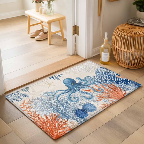 Entryway Rug 2'x3', Blue Ocean Octopus Kitchen Runner Rugs Non-Slip Carpet Mats, Coastal Nautical Coral Starfish Leaves Bedside Rugs Runners Washable Floor Carpet for Bathroom Laundry Room