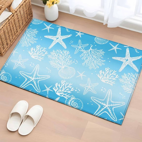 Entryway Rug 2'x3', Blue Ombre Coastal Small Rug for Kitchen Bathroom Door Mat Indoor Entrance, Sea Nautical Summer Beach Starfish Coral Non-Slip Area Rugs Floor Mats Carpet Front Door Rugs