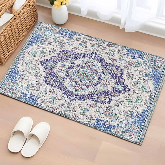 Entryway Rug 2'x3', Blue Purple Boho Small Rug for Kitchen Bathroom Door Mat Indoor Entrance, Vintage Abstract Art Floral Ethnic Tribe Non-Slip Area Rugs Floor Mats Carpet Front Door Rugs
