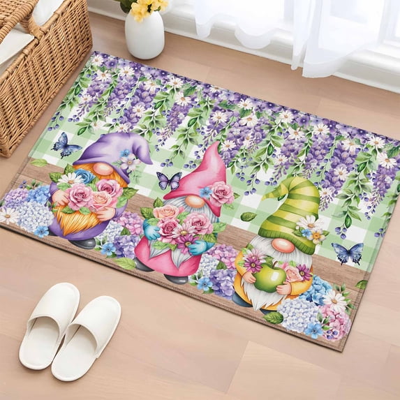Entryway Rug 2'x3', Blue Purple Gnomes Small Rug for Kitchen Bathroom Door Mat Indoor Entrance, Spring Hydrangea Flower Leaf Green Plaid Non-Slip Area Rugs Floor Mats Carpet Front Door Rugs