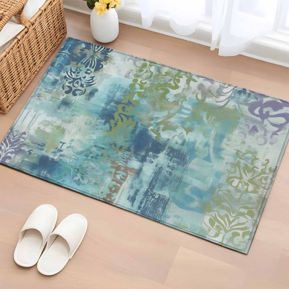 Entryway Rug 2'x3', Blue Sage Green Boho Small Rug for Kitchen Bathroom Door Mat Indoor Entrance, Vintage Ethnic Tribe Abstract Art Non-Slip Area Rugs Floor Mats Carpet Front Door Rugs