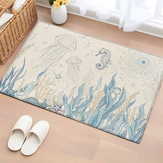 Entryway Rug 2'x3', Blue Seahorse Coastal Small Rug for Kitchen Bathroom Door Mat Indoor Entrance, Summer Beach Nautical Ocean Coral Vintage Non-Slip Area Rugs Floor Mats Carpet Front Door Rugs