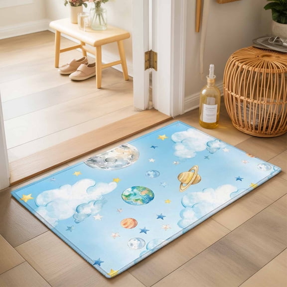 Entryway Rug 2'x3', Blue Sky Kitchen Runner Rugs Non-Slip Carpet Mats, Cartoon Cute Planets Universe Star Cloud Bedside Rugs Runners Washable Floor Carpet for Bathroom Laundry Room