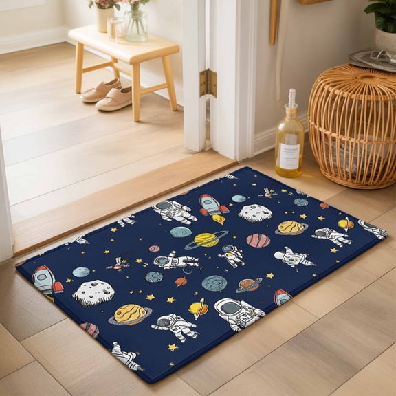 Entryway Rug 2'x3', Blue Space Kitchen Runner Rugs Non-Slip Carpet Mats, Cartoon Cute Spaceship Planet Star Funny Bedside Rugs Runners Washable Floor Carpet for Bathroom Laundry Room