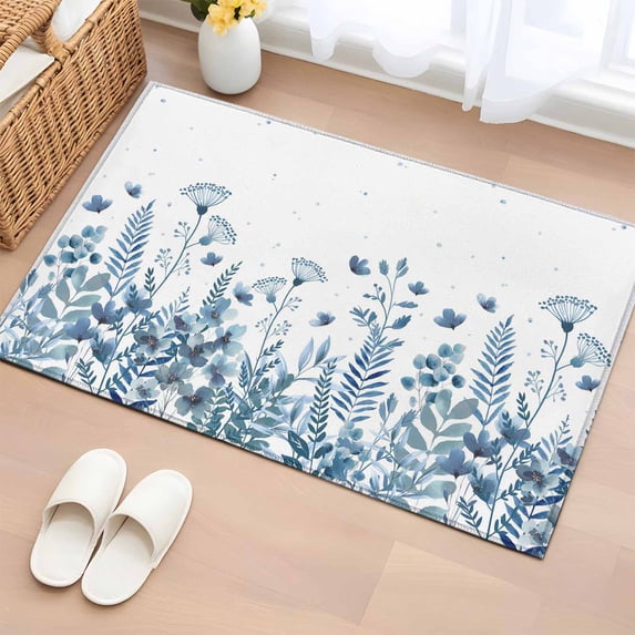 Entryway Rug 2'x3', Blue Spring Floral Small Rug for Kitchen Bathroom Door Mat Indoor Entrance, Watercolor Elegant Pastoral Flowers Non-Slip Area Rugs Floor Mats Carpet Front Door Rugs