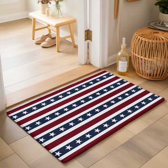 Entryway Rug 2'x3', Blue Star Red Striped Kitchen Runner Rugs Non-Slip Carpet Mats, Independence Day Stripes Bedside Rugs Runners Washable Floor Carpet for Bathroom Laundry Room