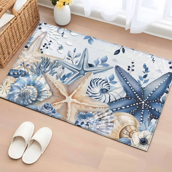 Entryway Rug 2'x3', Blue Starfish Coastal Small Rug for Kitchen Bathroom Door Mat Indoor Entrance, Eucalyptus Summer Nautical Shell Non-Slip Area Rugs Floor Mats Carpet Front Door Rugs