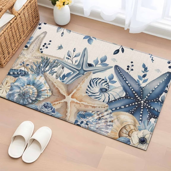 Entryway Rug 2'x3', Blue Starfish Coastal Small Rug for Kitchen Bathroom Door Mat Indoor Entrance, Eucalyptus Summer Nautical Shell Rustic Non-Slip Area Rugs Floor Mats Carpet Front Door Rugs
