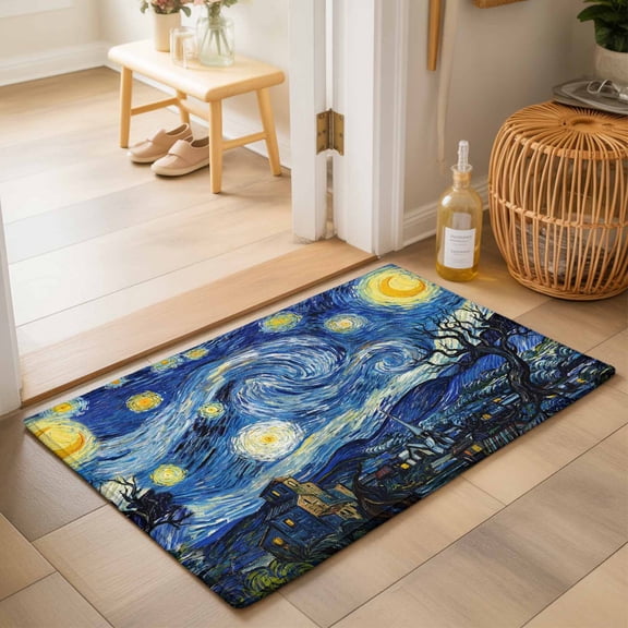 Entryway Rug 2'x3', Blue Starry Night Kitchen Runner Rugs Non-Slip Carpet Mats, Abstract Star Sky House Tree Oil Painting Bedside Rugs Runners Washable Floor Carpet for Bathroom Laundry Room