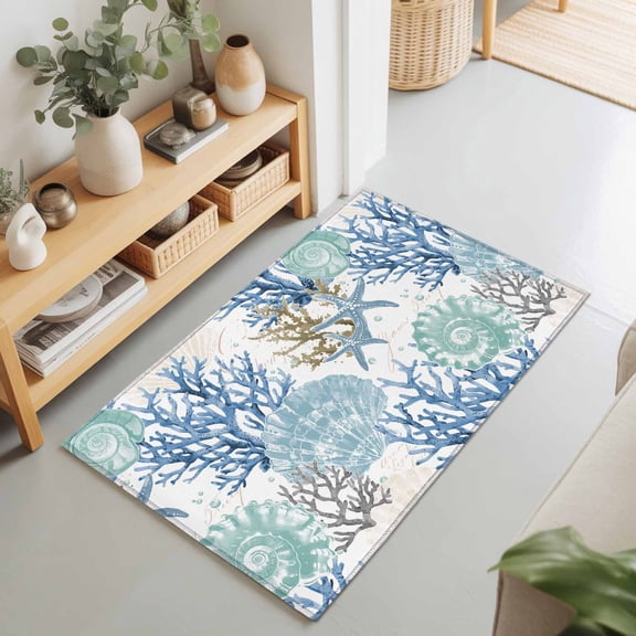 Entryway Rug 2'x3', Blue Teal Coastal Kitchen Runner Rugs Non-Slip Carpet Mats, Summer Beach Nautical Coral Starfish Bedside Rugs Runners Washable Floor Carpet for Bathroom Laundry Room