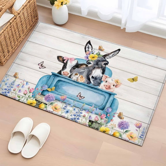 Entryway Rug 2'x3', Blue Truck Cow Small Rug for Kitchen Bathroom Door Mat Indoor Entrance, Animals Spring Floral Butterfly Wooden Non-Slip Area Rugs Floor Mats Carpet Front Door Rugs