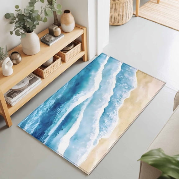 Entryway Rug 2'x3', Blue Waves Coastal Kitchen Runner Rugs Non-Slip Carpet Mats, Summer Beach Nautical Ocean Bedside Rugs Runners Washable Floor Carpet for Bathroom Laundry Room