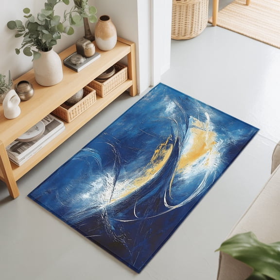 Entryway Rug 2'x3', Blue Yellow Abstract Kitchen Runner Rugs Non-Slip Carpet Mats, Modern Oil Painting Art Bedside Rugs Runners Washable Floor Carpet for Bathroom Laundry Room