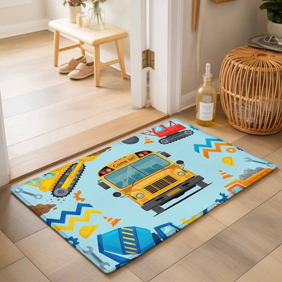 Entryway Rug 2'x3', Blue Yellow Cartoon Truck Kitchen Runner Rugs Non-Slip Carpet Mats, Cute Engineering Vehicle Bedside Rugs Runners Washable Floor Carpet for Bathroom Laundry Room