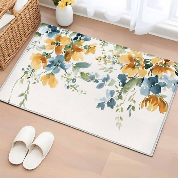 Entryway Rug 2'x3', Blue Yellow Spring Floral Small Rug for Kitchen Bathroom Door Mat Indoor Entrance, Watercolor Botanical Summer Non-Slip Area Rugs Floor Mats Carpet Front Door Rugs