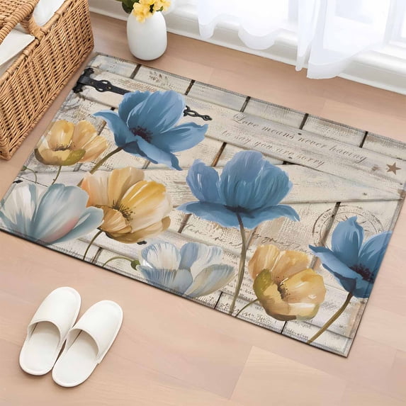 Entryway Rug 2'x3', Blue Yellow Tulips Small Rug for Kitchen Bathroom Door Mat Indoor Entrance, Retro Farmhouse Flower Barn Doors Wooden Non-Slip Area Rugs Floor Mats Carpet Front Door Rugs
