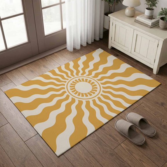 Entryway Rug 2'x3', Bohemia Kitchen Runner Rugs Non-Slip Carpet Mats, Retro Abstract Aesthetic Sunshine Boho Yellow Bedside Rugs Runners Washable Floor Carpet for Bathroom Laundry Room