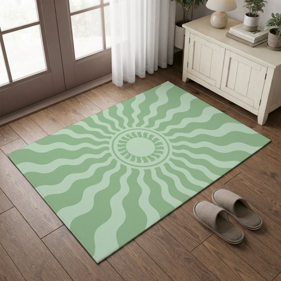 Entryway Rug 2'x3', Bohemia Kitchen Runner Rugs Non-Slip Carpet Mats, Retro Abstract Simple Sun Sunshine Aesthetic Green Bedside Rugs Runners Washable Floor Carpet for Bathroom Laundry Room