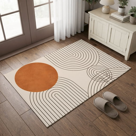 Entryway Rug 2'x3', Boho Abstract Kitchen Runner Rugs Non-Slip Carpet Mats, Orange Sun Geometric Meander Lines Modern Art Bedside Rugs Runners Washable Floor Carpet for Bathroom Laundry Room
