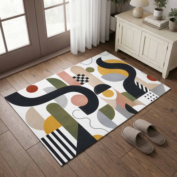 Entryway Rug 2'x3', Boho Abstract Small Rug for Kitchen Bathroom Door Mat Indoor Entrance, Modern Geometric Pink Green Stripe Circle Forms Non-Slip Area Rugs Floor Mats Carpet Front Door Rugs
