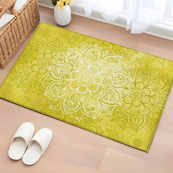 Entryway Rug 2'x3', Boho Flowers Small Rug for Kitchen Bathroom Door Mat Indoor Entrance, Yellow Floral Vintage Bohemian Watercolor Non-Slip Area Rugs Floor Mats Carpet Front Door Rugs