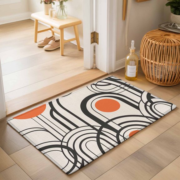 Entryway Rug 2'x3', Boho Geometric Kitchen Runner Rugs Non-Slip Carpet Mats, Modern Abstract Orange Sun on Linen Bedside Rugs Runners Washable Floor Carpet for Bathroom Laundry Room