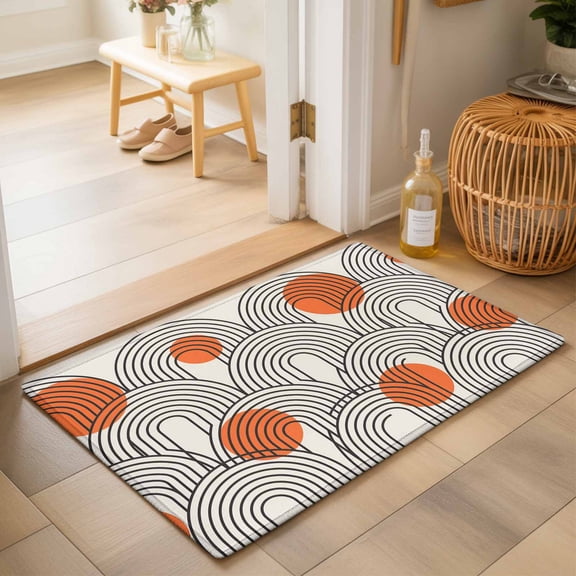 Entryway Rug 2'x3', Boho Geometric Kitchen Runner Rugs Non-Slip Carpet Mats, Modern Abstract Orange Sun Lines Beige Bedside Rugs Runners Washable Floor Carpet for Bathroom Laundry Room
