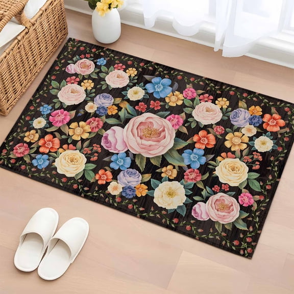 Entryway Rug 2'x3', Boho Pink Flower Small Rug for Kitchen Bathroom Door Mat Indoor Entrance, Spring Watercolor Country Floral Plant Non-Slip Area Rugs Floor Mats Carpet Front Door Rugs