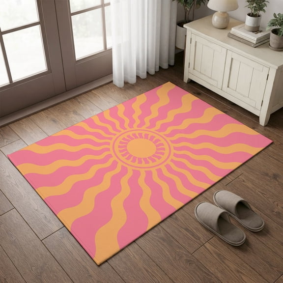 Entryway Rug 2'x3', Boho Sun Kitchen Runner Rugs Non-Slip Carpet Mats, Vintage Abstract Minimalist Sunshine Lines Pink Bedside Rugs Runners Washable Floor Carpet for Bathroom Laundry Room
