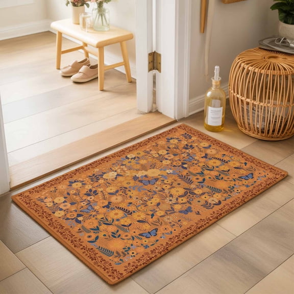 Entryway Rug 2'x3', Boho Yellow Flowers Kitchen Runner Rugs Non-Slip Carpet Mats, Spring Abstract Watercolor Floral Leaf Bedside Rugs Runners Washable Floor Carpet for Bathroom Laundry Room