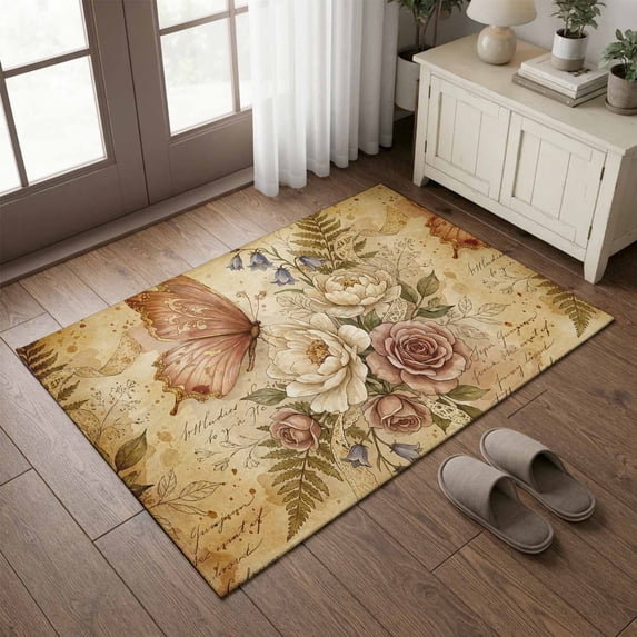 Entryway Rug 2'x3', Botanical Ferns Kitchen Runner Rugs Non-Slip Carpet Mats, Romantic Roses Florals Butterfly Distressed Bedside Rugs Runners Washable Floor Carpet for Bathroom Laundry Room