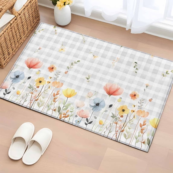 Entryway Rug 2'x3', Botanical Wildflowers Small Rug for Kitchen Bathroom Door Mat Indoor Entrance, Spring Farmhouse Floral Grey Plaid Non-Slip Area Rugs Floor Mats Carpet Front Door Rugs