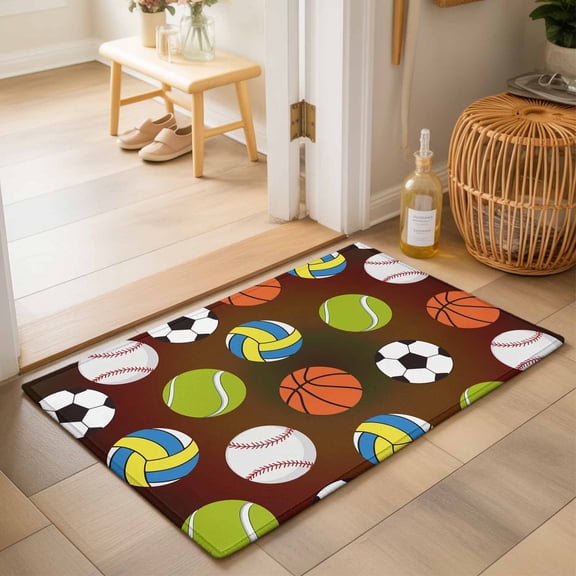 Entryway Rug 2'x3', Brown Balls Kitchen Runner Rugs Non-Slip Carpet Mats, Baseball Tennis Basketball Football Bedside Rugs Runners Washable Floor Carpet for Bathroom Laundry Room