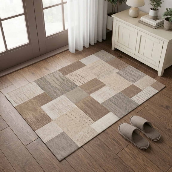 Entryway Rug 2'x3', Brown Beige Checked Kitchen Runner Rugs Non-Slip Carpet Mats, Vintage Buffalo Plaid Farmhouse Bedside Rugs Runners Washable Floor Carpet for Bathroom Laundry Room