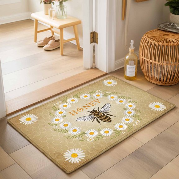 Entryway Rug 2'x3', Brown Daisy Bees Kitchen Runner Rugs Non-Slip Carpet Mats, Spring Farmhouse Honey Floral Rings Bedside Rugs Runners Washable Floor Carpet for Bathroom Laundry Room