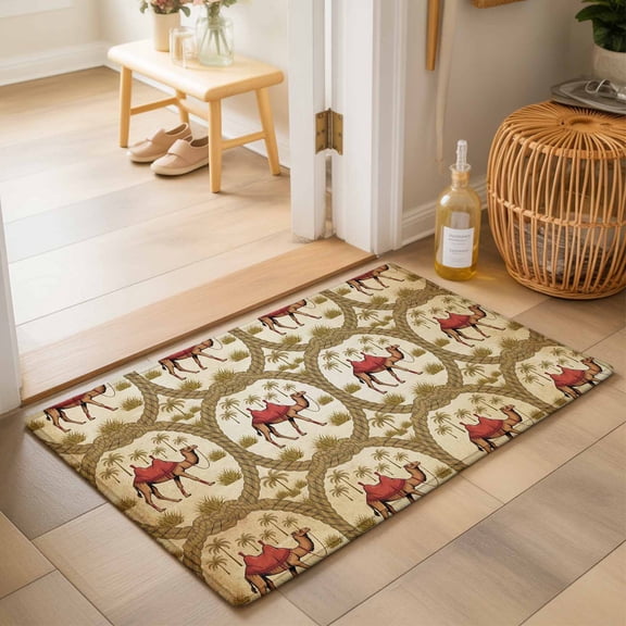 Entryway Rug 2'x3', Brown Desert Camels Kitchen Runner Rugs Non-Slip Carpet Mats, Tropical Date Coconut Trees Cords Leaves Bedside Rugs Runners Washable Floor Carpet for Bathroom Laundry Room