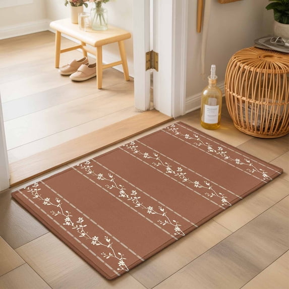 Entryway Rug 2'x3', Brown Flowers Branch Kitchen Runner Rugs Non-Slip Carpet Mats, Spring Summer Farmhouse Botanical Bedside Rugs Runners Washable Floor Carpet for Bathroom Laundry Room