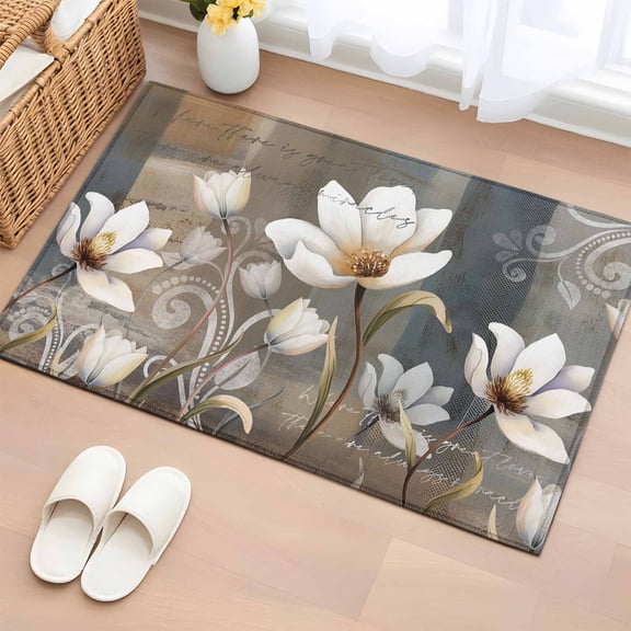 Entryway Rug 2'x3', Brown Grey Floral Small Rug for Kitchen Bathroom Door Mat Indoor Entrance, Spring Summer Botanical Vintage Non-Slip Area Rugs Floor Mats Carpet Front Door Rugs