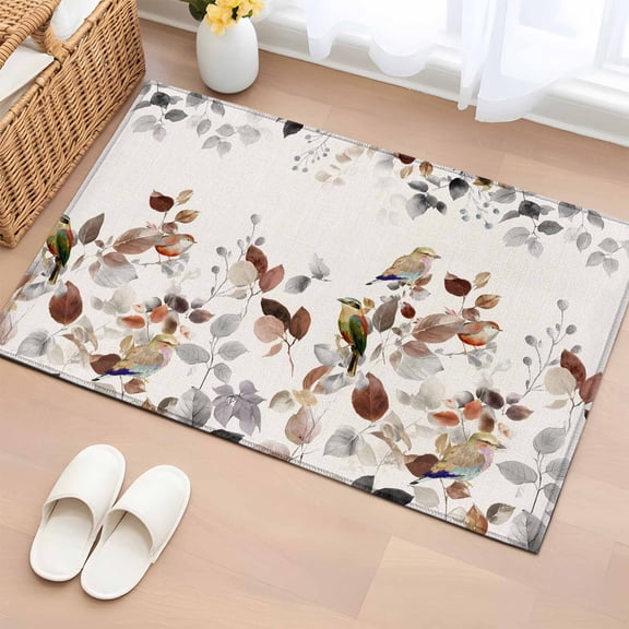 Entryway Rug 2'x3', Brown Grey Leaves Small Rug for Kitchen Bathroom Door Mat Indoor Entrance, Summer Botanical Pastoral Birds Rustic Non-Slip Area Rugs Floor Mats Carpet Front Door Rugs