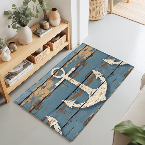 Entryway Rug 2'x3', Brown Nautical Anchor Kitchen Runner Rugs Non-Slip Carpet Mats, Coastal Vintage Rustic Blue Wood Bedside Rugs Runners Washable Floor Carpet for Bathroom Laundry Room