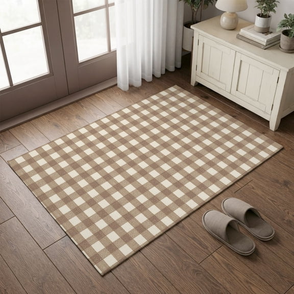 Entryway Rug 2'x3', Brown Plaid Kitchen Runner Rugs Non-Slip Carpet Mats, Gingham Checked Minimalist Modern Bedside Rugs Runners Washable Floor Carpet for Bathroom Laundry Room