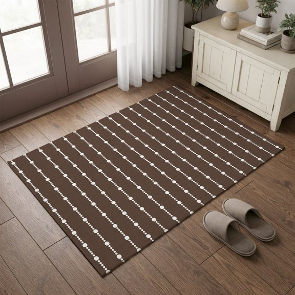 Entryway Rug 2'x3', Brown Striped Small Rug for Kitchen Bathroom Door Mat Indoor Entrance, Farmhouse Abstract Dots Vertical Stripes Non-Slip Area Rugs Floor Mats Carpet Front Door Rugs